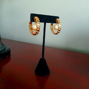 Vintage Monet Hoop Chain Dangle Faux Pearl